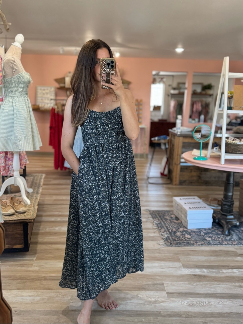 Black Floral Smocked Midi Dress with Pockets
